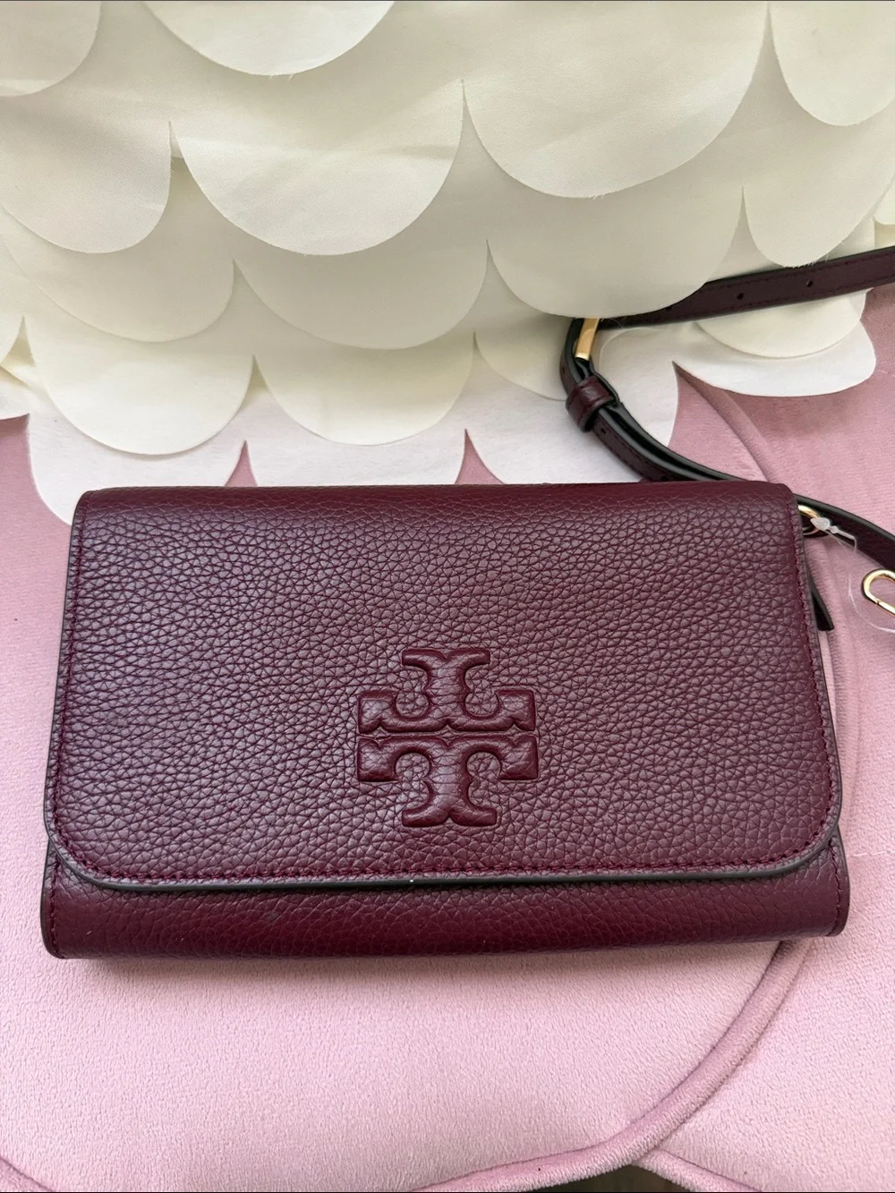 Tory Burch Burgundy Pebbled Leather Crossbody Wallet